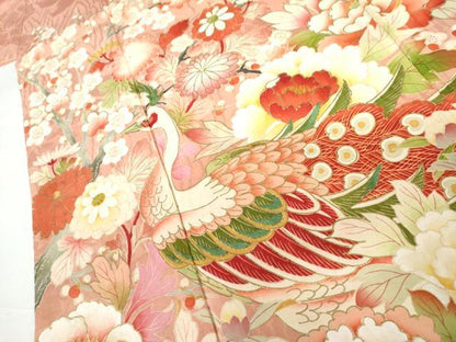 平和屋着物●アンティーク　大正ロマン　訪問着　孔雀枝花文　金彩　正絹　逸品　AABH3690cs