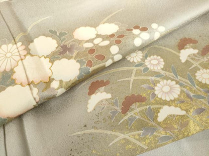 平和屋着物●訪問着　駒刺繍　草花文　金彩　正絹　逸品　AABH3694cs