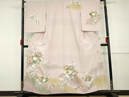 平和屋着物●訪問着　友禅　作家物　春峰　駒刺繍　地紙枝花文　金彩　正絹　逸品　未使用　AABH3698cs