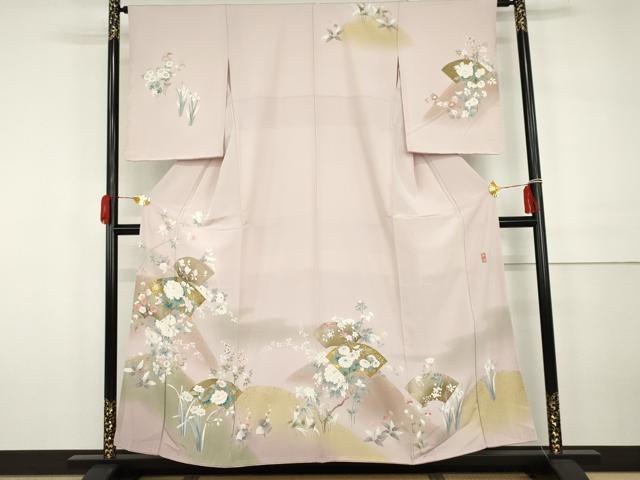 平和屋着物●訪問着　友禅　作家物　春峰　駒刺繍　地紙枝花文　金彩　正絹　逸品　未使用　AABH3698cs