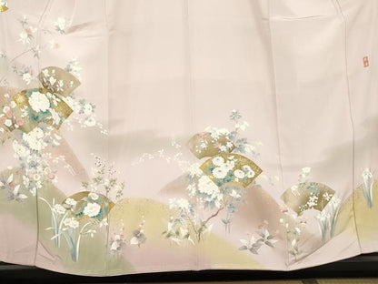 平和屋着物●訪問着　友禅　作家物　春峰　駒刺繍　地紙枝花文　金彩　正絹　逸品　未使用　AABH3698cs