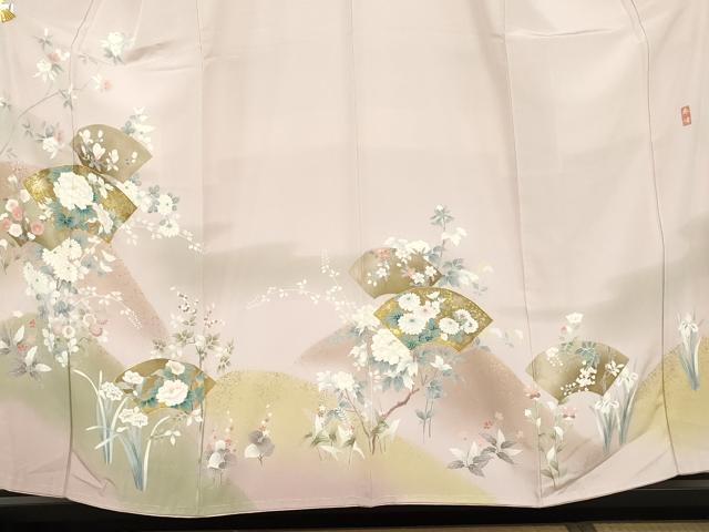 平和屋着物●訪問着　友禅　作家物　春峰　駒刺繍　地紙枝花文　金彩　正絹　逸品　未使用　AABH3698cs