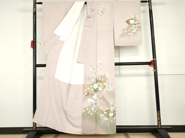 平和屋着物●訪問着　友禅　作家物　春峰　駒刺繍　地紙枝花文　金彩　正絹　逸品　未使用　AABH3698cs