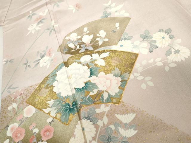 平和屋着物●訪問着　友禅　作家物　春峰　駒刺繍　地紙枝花文　金彩　正絹　逸品　未使用　AABH3698cs