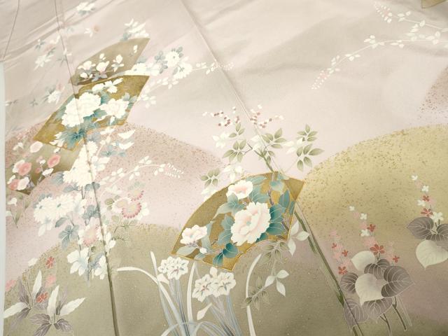 平和屋着物●訪問着　友禅　作家物　春峰　駒刺繍　地紙枝花文　金彩　正絹　逸品　未使用　AABH3698cs