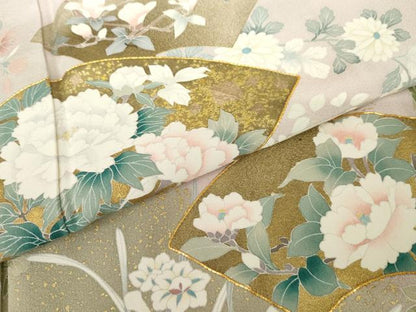 平和屋着物●訪問着　友禅　作家物　春峰　駒刺繍　地紙枝花文　金彩　正絹　逸品　未使用　AABH3698cs