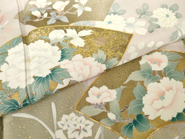 平和屋着物●訪問着　友禅　作家物　春峰　駒刺繍　地紙枝花文　金彩　正絹　逸品　未使用　AABH3698cs