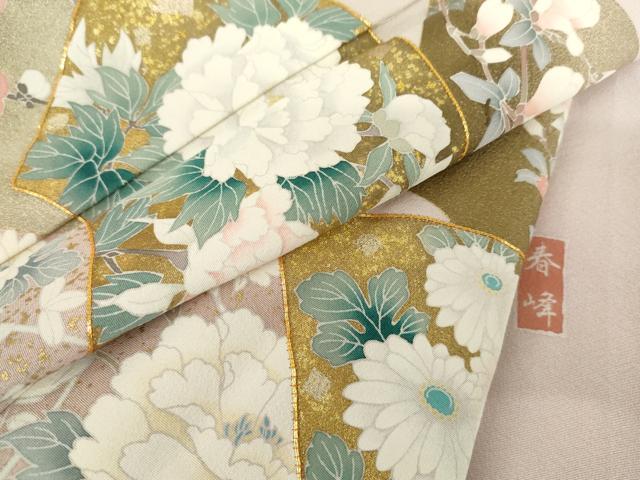 平和屋着物●訪問着　友禅　作家物　春峰　駒刺繍　地紙枝花文　金彩　正絹　逸品　未使用　AABH3698cs