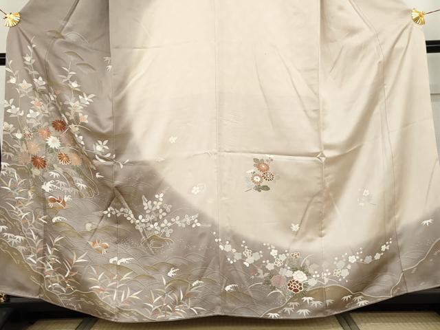 平和屋着物●訪問着　友禅　駒刺繍　鴛鴦枝花文　暈し染め　金彩　正絹　逸品　AABH3699cs