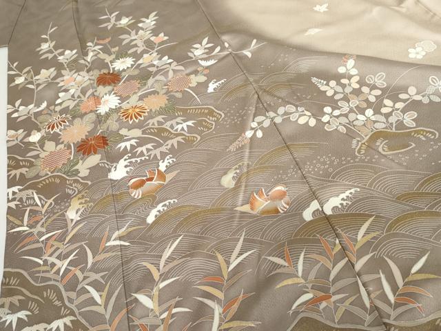 平和屋着物●訪問着　友禅　駒刺繍　鴛鴦枝花文　暈し染め　金彩　正絹　逸品　AABH3699cs