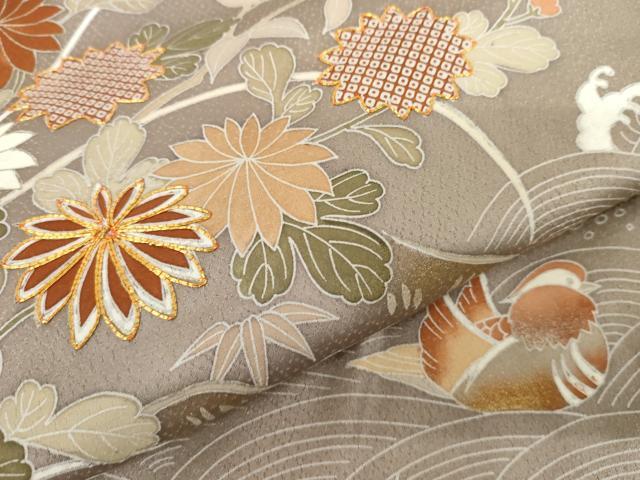 平和屋着物●訪問着　友禅　駒刺繍　鴛鴦枝花文　暈し染め　金彩　正絹　逸品　AABH3699cs
