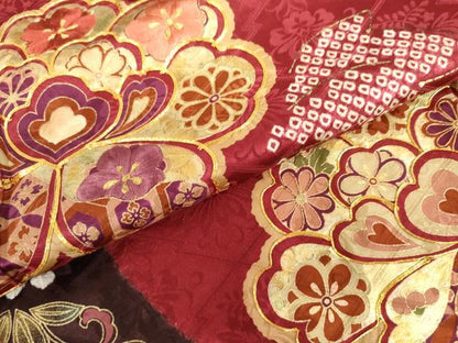 平和屋着物●豪華振袖　駒刺繍　絞り　草花文　金糸　金彩　正絹　逸品　AABH3702cs