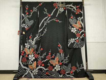 平和屋着物●豪華振袖　駒刺繍　絞り　花蝶文　黒地　銀彩　正絹　逸品　AABH3705cs