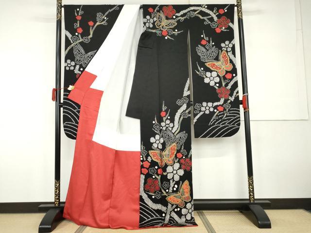 平和屋着物●豪華振袖　駒刺繍　絞り　花蝶文　黒地　銀彩　正絹　逸品　AABH3705cs