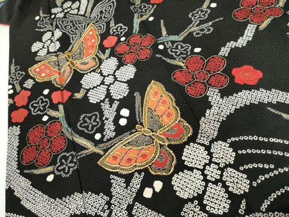 平和屋着物●豪華振袖　駒刺繍　絞り　花蝶文　黒地　銀彩　正絹　逸品　AABH3705cs