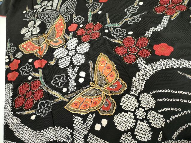 平和屋着物●豪華振袖　駒刺繍　絞り　花蝶文　黒地　銀彩　正絹　逸品　AABH3705cs