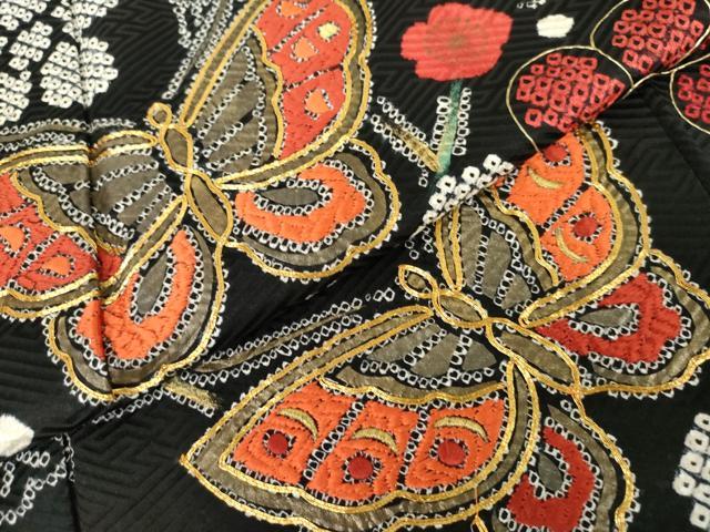 平和屋着物●豪華振袖　駒刺繍　絞り　花蝶文　黒地　銀彩　正絹　逸品　AABH3705cs