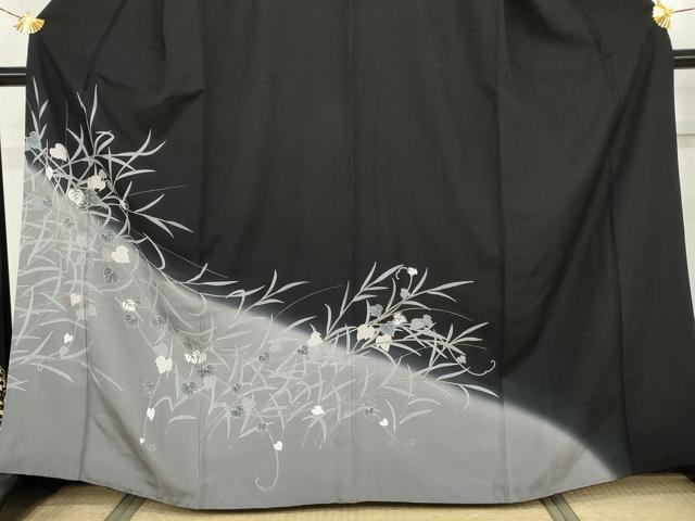 平和屋着物●訪問着　駒刺繍　枝葉文　黒地　金彩　正絹　逸品　AABH3708cs 平和屋着物○訪問着 駒刺繍 枝葉文 黒地 金彩 正絹 逸品 AABH3708cs