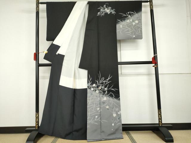 平和屋着物○訪問着 駒刺繍 枝葉文 黒地 金彩 正絹 逸品 AABH3708cs