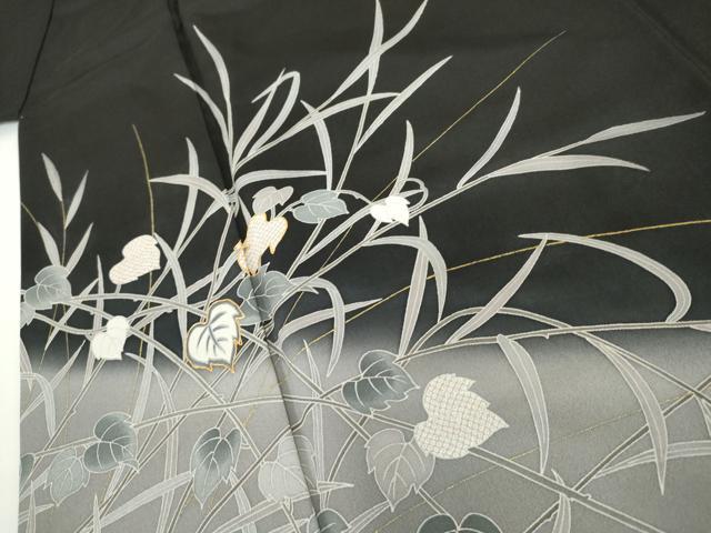 平和屋着物●訪問着　駒刺繍　枝葉文　黒地　金彩　正絹　逸品　AABH3708cs 平和屋着物○訪問着 駒刺繍 草葉文 金彩 正絹 逸品 AABH9745phの通販