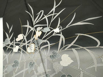 平和屋着物●訪問着　駒刺繍　枝葉文　黒地　金彩　正絹　逸品　AABH3708cs