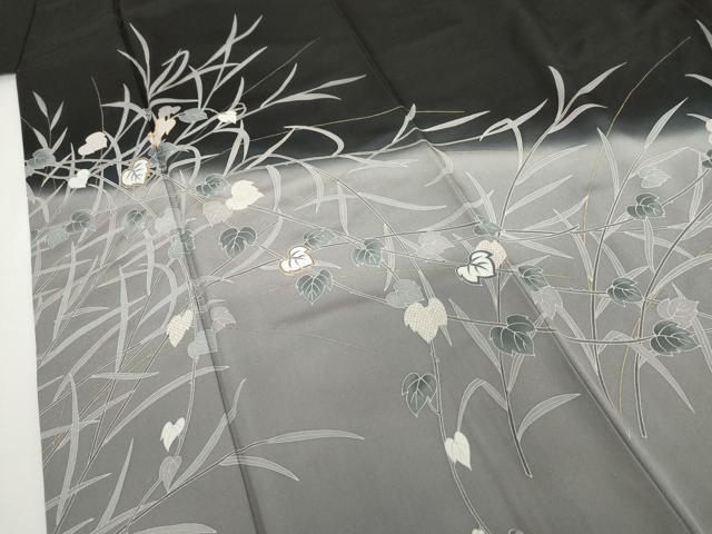平和屋着物○訪問着 駒刺繍 枝葉文 黒地 金彩 正絹 逸品 AABH3708cs