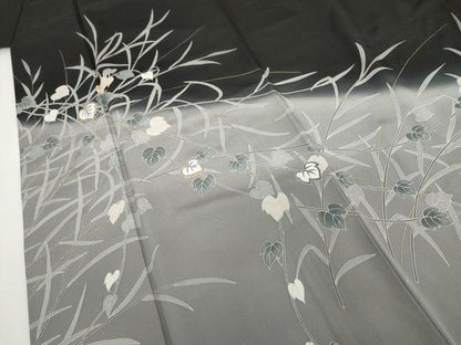 平和屋着物●訪問着　駒刺繍　枝葉文　黒地　金彩　正絹　逸品　AABH3708cs