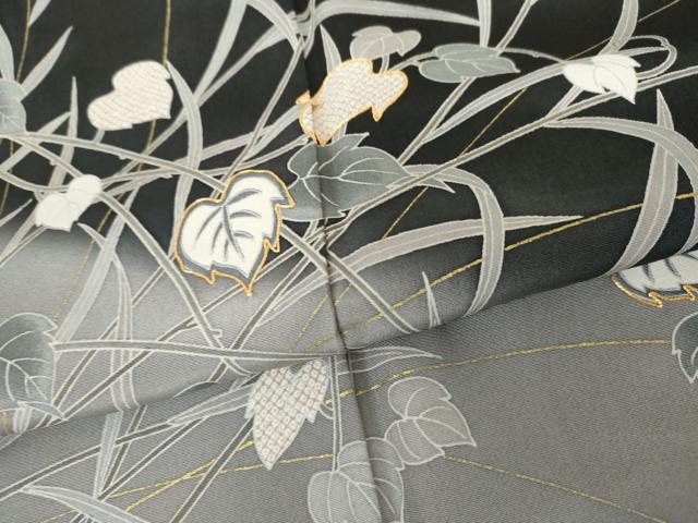 平和屋着物●訪問着　駒刺繍　枝葉文　黒地　金彩　正絹　逸品　AABH3708cs 平和屋着物○訪問着 駒刺繍 枝葉文 黒地 金彩 正絹 逸品 AABH3708cs