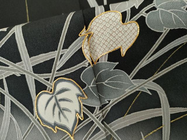 平和屋着物○訪問着 駒刺繍 枝葉文 黒地 金彩 正絹 逸品 AABH3708cs