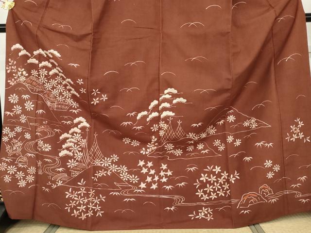 平和屋着物●訪問着　紬地　ろうけつ染　笠松風景文　正絹　逸品　AABH3710cs