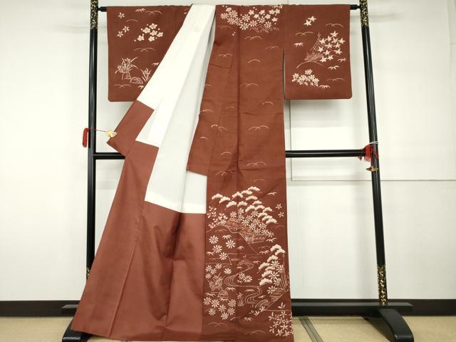 平和屋着物●訪問着　紬地　ろうけつ染　笠松風景文　正絹　逸品　AABH3710cs