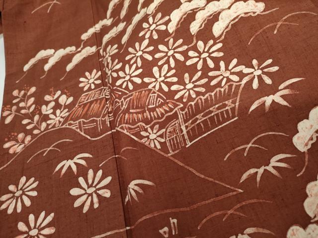 平和屋着物●訪問着　紬地　ろうけつ染　笠松風景文　正絹　逸品　AABH3710cs