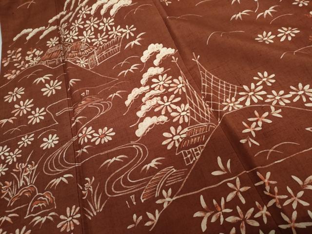 平和屋着物●訪問着　紬地　ろうけつ染　笠松風景文　正絹　逸品　AABH3710cs