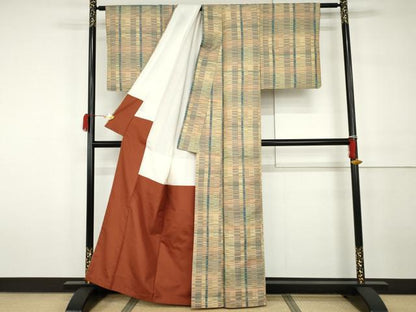 平和屋着物●お召　横段間道　正絹　逸品　AABH3711cs