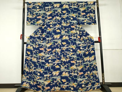 平和屋着物●上質な小紋　紅型　飛鶴風景松文　鬼しぼ縮緬　正絹　逸品　AABH3712cs