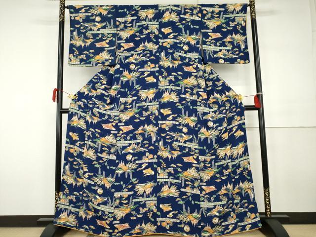 平和屋着物●上質な小紋　紅型　飛鶴風景松文　鬼しぼ縮緬　正絹　逸品　AABH3712cs