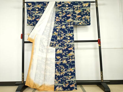 平和屋着物●上質な小紋　紅型　飛鶴風景松文　鬼しぼ縮緬　正絹　逸品　AABH3712cs