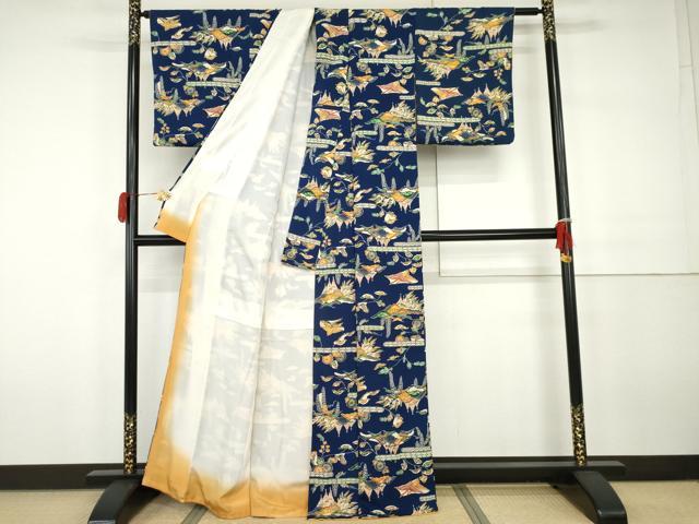 平和屋着物●上質な小紋　紅型　飛鶴風景松文　鬼しぼ縮緬　正絹　逸品　AABH3712cs