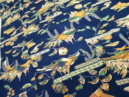 平和屋着物●上質な小紋　紅型　飛鶴風景松文　鬼しぼ縮緬　正絹　逸品　AABH3712cs