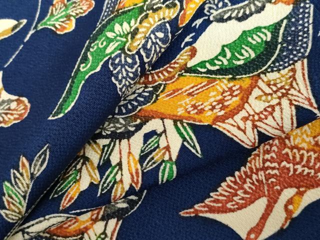 平和屋着物●上質な小紋　紅型　飛鶴風景松文　鬼しぼ縮緬　正絹　逸品　AABH3712cs