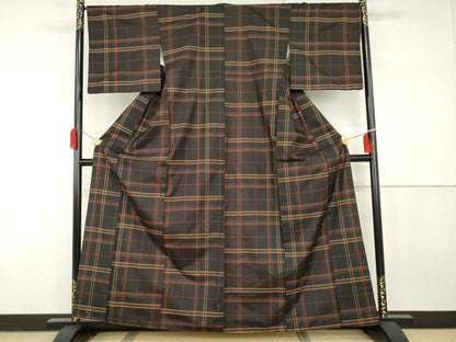 平和屋着物●本場縞大島紬　格子　黒地　正絹　逸品　AABH3726cs
