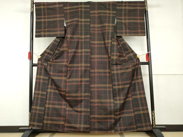 平和屋着物●本場縞大島紬　格子　黒地　正絹　逸品　AABH3726cs