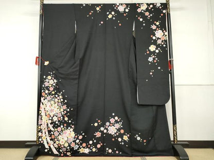 平和屋着物●豪華振袖　蔓帯舞花文　黒地　金彩　正絹　逸品　AABH3727cs