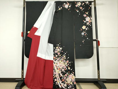 平和屋着物●豪華振袖　蔓帯舞花文　黒地　金彩　正絹　逸品　AABH3727cs