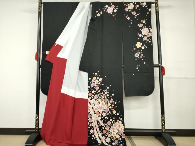 平和屋着物●豪華振袖　蔓帯舞花文　黒地　金彩　正絹　逸品　AABH3727cs