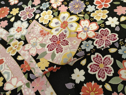 平和屋着物●豪華振袖　蔓帯舞花文　黒地　金彩　正絹　逸品　AABH3727cs