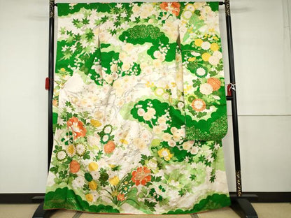 平和屋着物●豪華振袖　駒刺繍　枝花文　金糸　金彩　正絹　逸品　AABH3728cs
