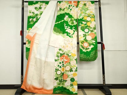 平和屋着物●豪華振袖　駒刺繍　枝花文　金糸　金彩　正絹　逸品　AABH3728cs