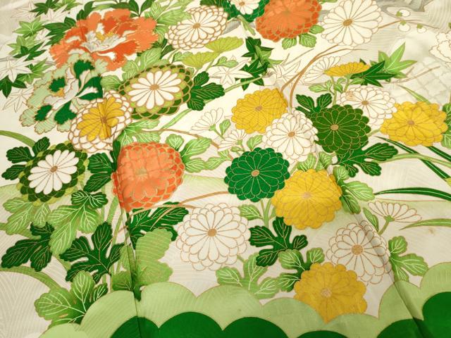 平和屋着物●豪華振袖　駒刺繍　枝花文　金糸　金彩　正絹　逸品　AABH3728cs
