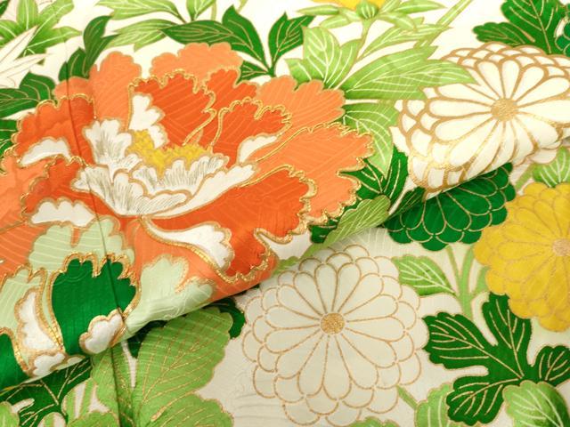 平和屋着物●豪華振袖　駒刺繍　枝花文　金糸　金彩　正絹　逸品　AABH3728cs